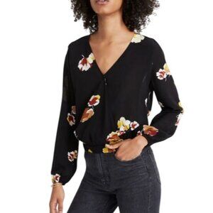 Madewell Wrap Women's Top 100% Silk Black Gallery Floral 70s Boho Romantic Small